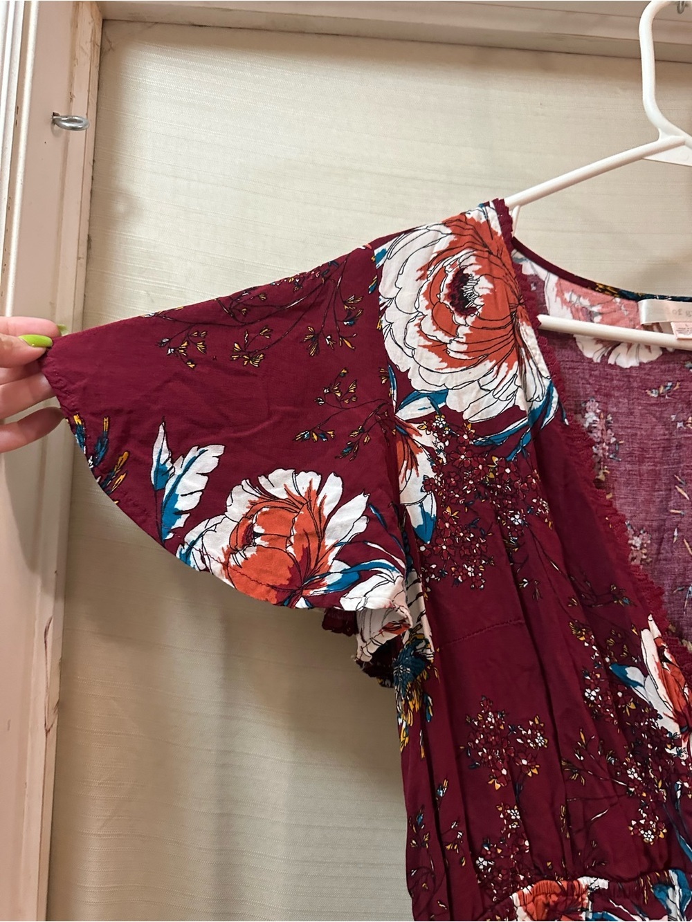 Band of Gypsys Large Floral Wrap Style Mini Dress Burgundy Boho Viscose - Picture 6 of 7